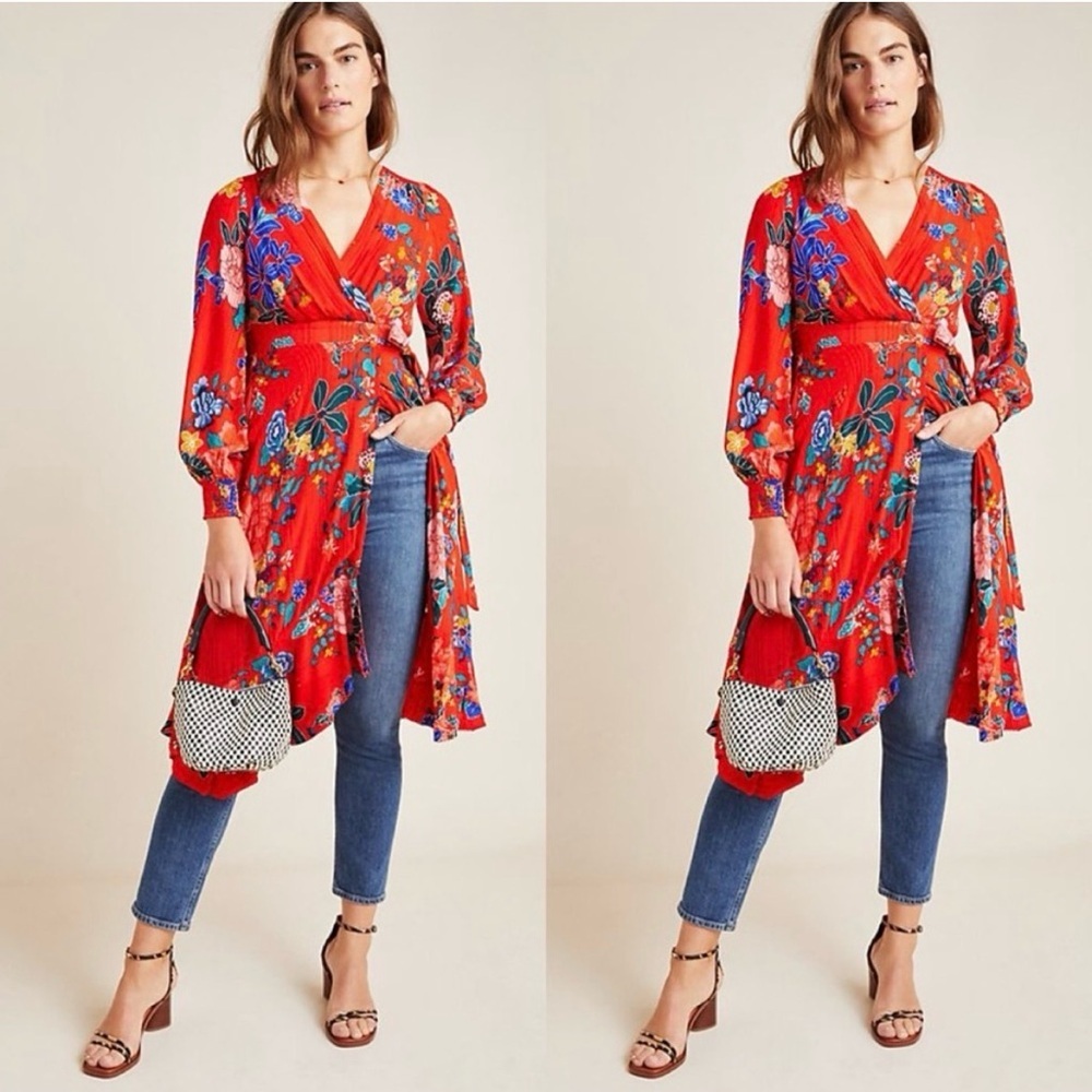 Anthropologie Red Floral Boswell Midi Dress 8 - Picture 2 of 16